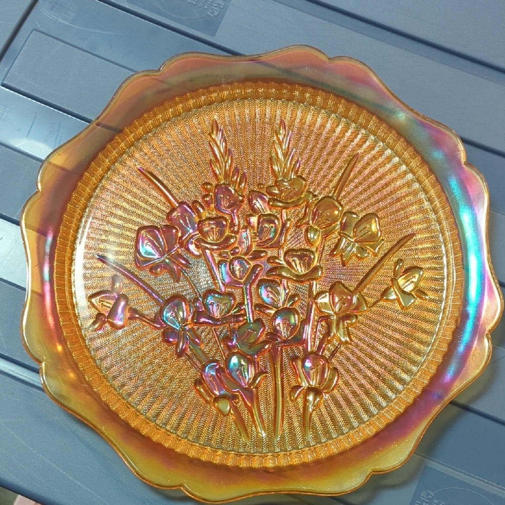 Jeannette Iris & Herringbone Marigold Carnival Glass Platter Antique